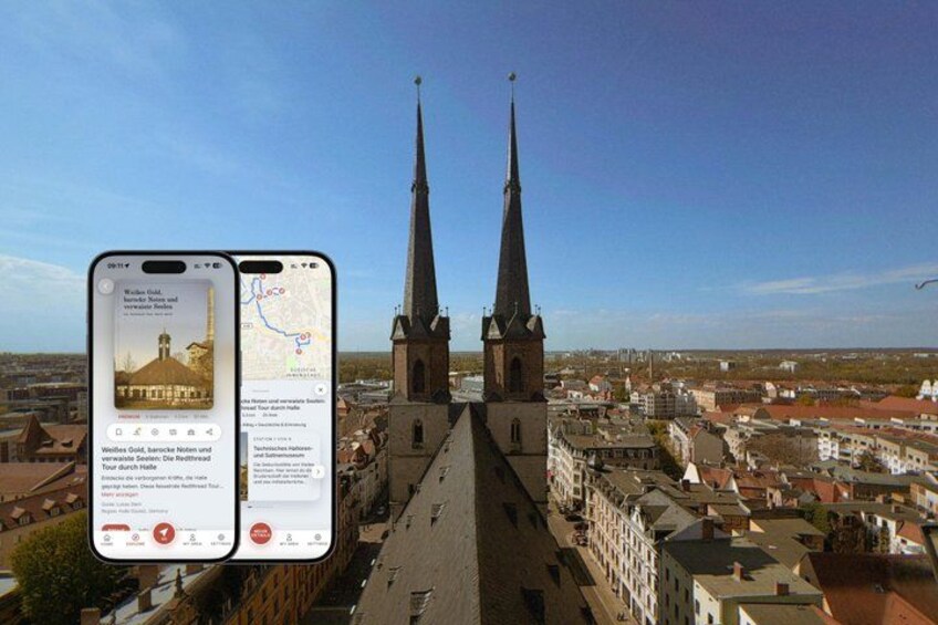 A smartphone displaying a map and information about a church with two spires. 1