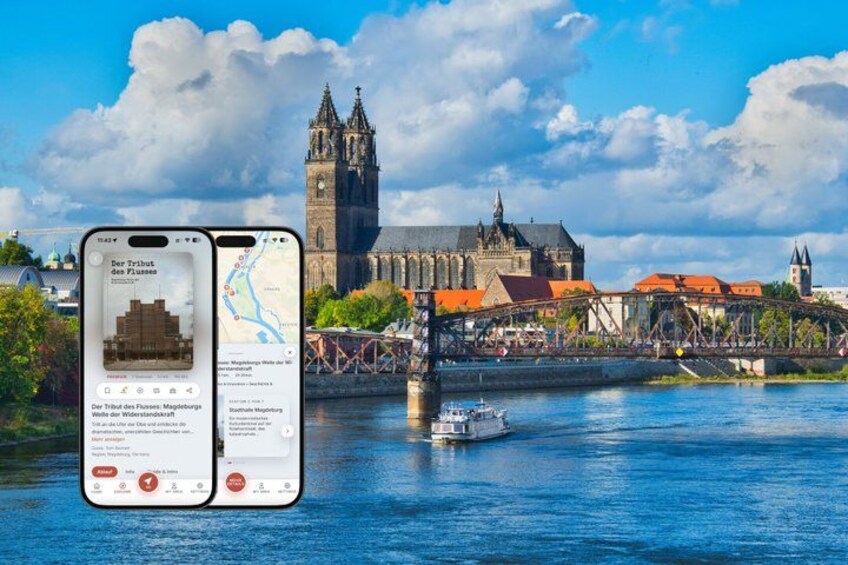 A smartphone displaying a map of Der Trubt des Flusses, a historic site in Prague, with a river and a bridge in the background. 1