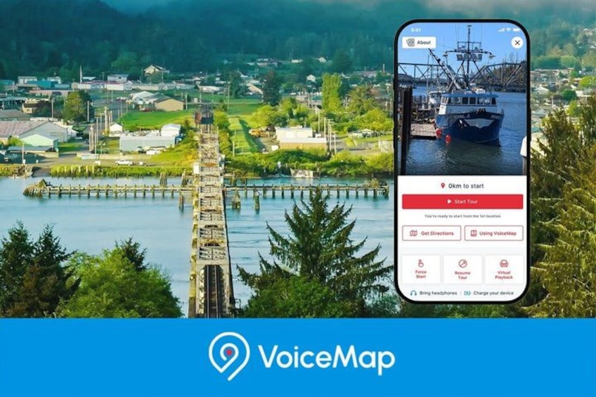 A smartphone displaying a map application with a scenic view of a river, a bridge, and a dock with a boat. 1