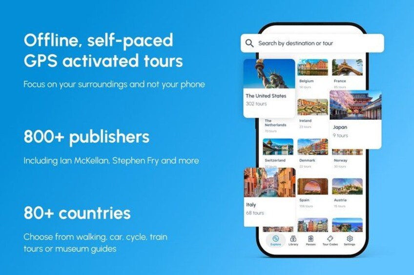 A smartphone displaying a travel app with offline, self-paced GPS activated tours. 2