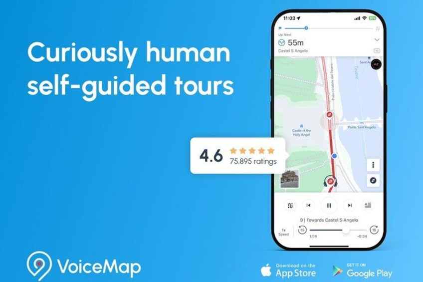 A smartphone displaying a map with a route to Castel S. Angelo, rated 4.6 stars, and 75,895 ratings. 3