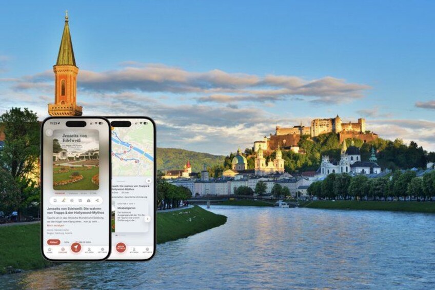 A smartphone displaying a map with a castle on a hill and a river in the foreground. 1