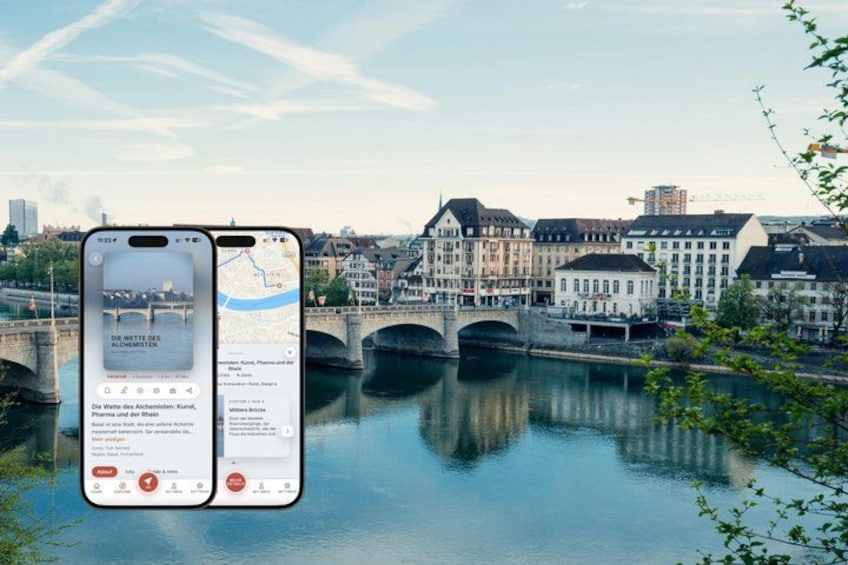 A smartphone displaying a map of a city with a river and bridges. 1