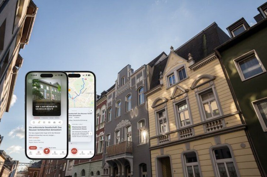 A street view with historic buildings and a smartphone displaying a map. 1