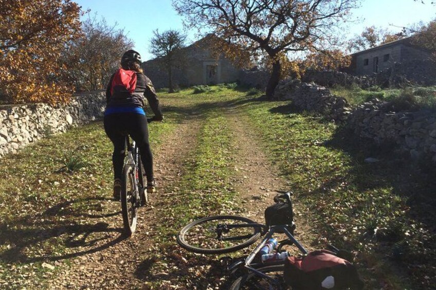A person riding a bicycle on a dirt path, a bicycle lying on the ground, and a stone wall in the background. 5