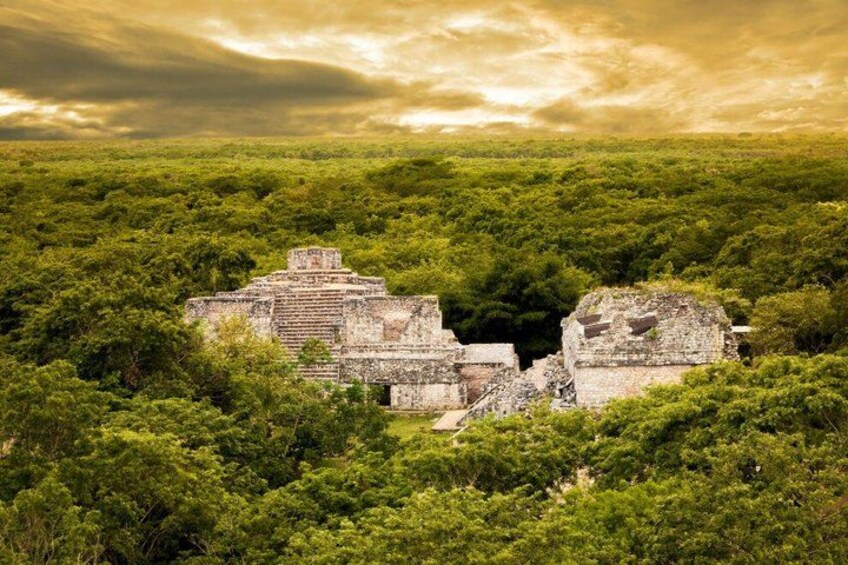 Ancient ruins surrounded by dense forest. 1
