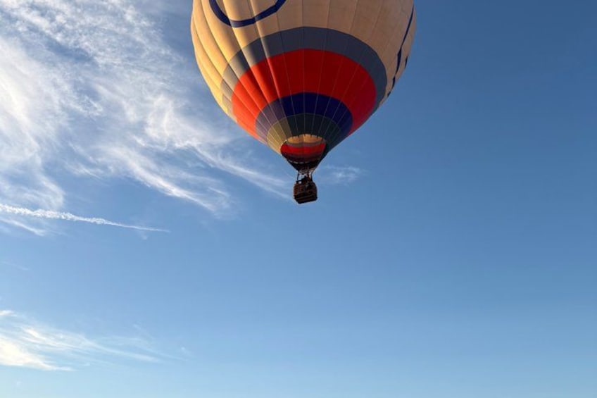 A hot air balloon with a colorful pattern against a clear sky. 3