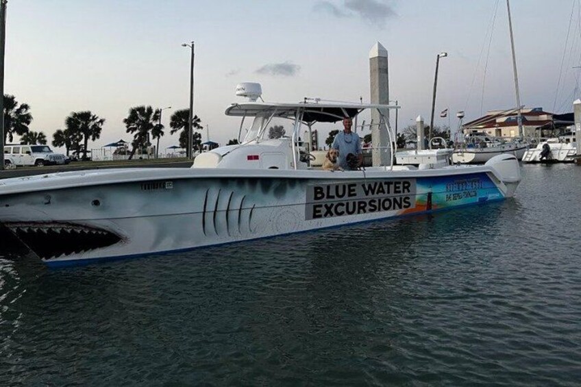 A boat named 'Blue Water Excursions' docked at a marina with palm trees and other boats in the background. 5