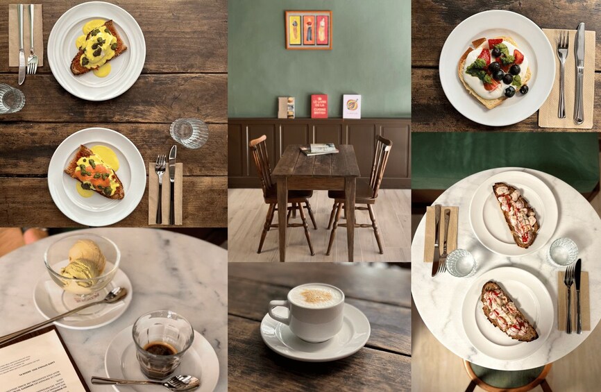 Un montage de photos représentant des plats et différents types de restaurants. 1