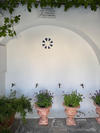 A white wall with a circular emblem, a sign with text, and two potted plants. 5