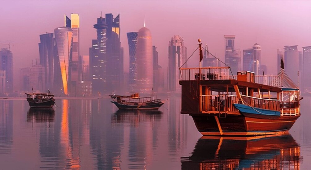 A city skyline with modern skyscrapers and traditional boats on the water. 2