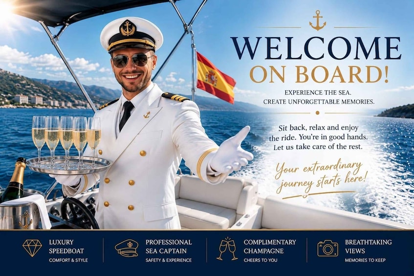 Una persona con uniforme de capitán blanco sostiene una bandeja con copas de champán y una botella, con una bandera de fondo y un texto que invita a disfrutar del mar. 1