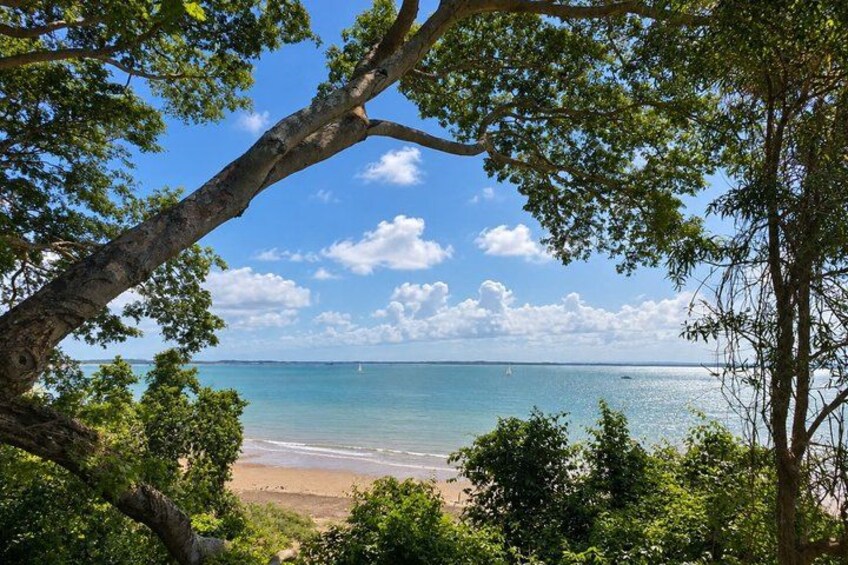 A beach with clear blue water, a sandy shore, and trees in the foreground. 1