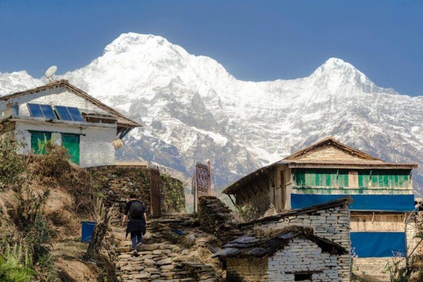 A mountainous village with traditional houses, a person walking on a stone path, and a snow-capped mountain in the background. 4