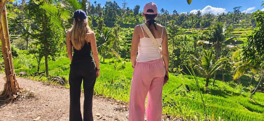 Dos personas caminando por un sendero de tierra a través de un paisaje exuberante con palmeras y campos en terrazas. 3