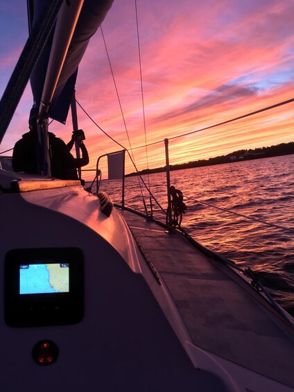 A sailboat at sunset with a person holding a device, a map display, and a dog on the deck. 3