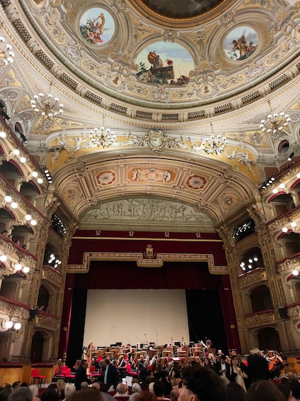 An ornate theater interior with a large orchestra and audience. 4