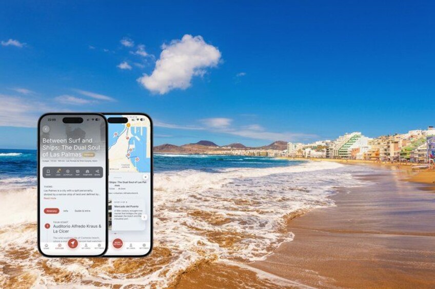 A beach with a smartphone displaying a travel app. 1