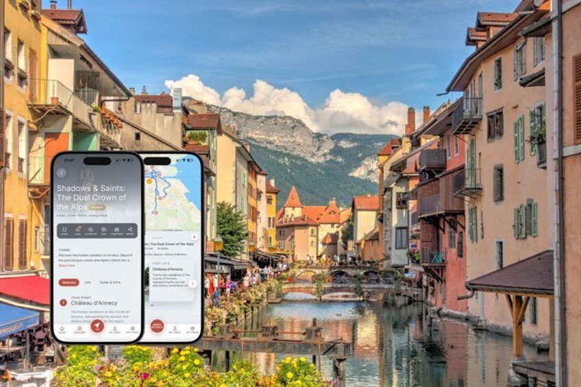 A smartphone displaying a travel app with a map, a canal, and buildings along the water. 1