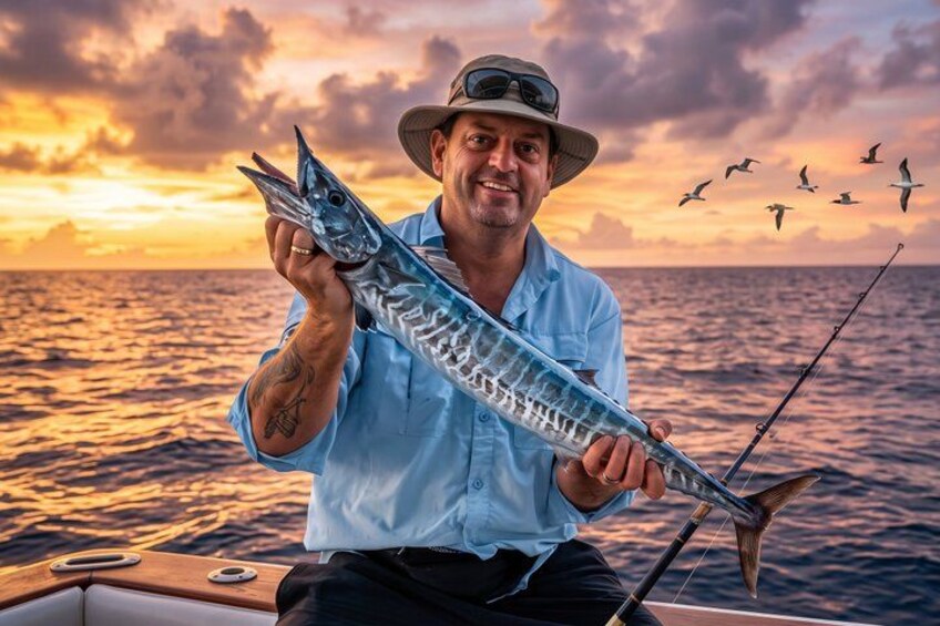 A person holding a fish on a boat with a sunset in the background. 4