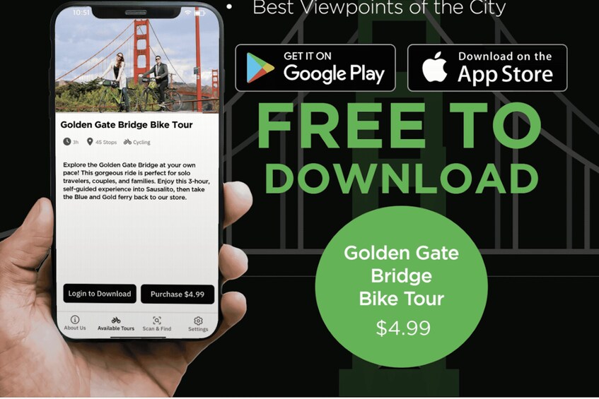 A smartphone displaying a Golden Gate Bridge Bike Tour app with a price tag of $4.99. 1