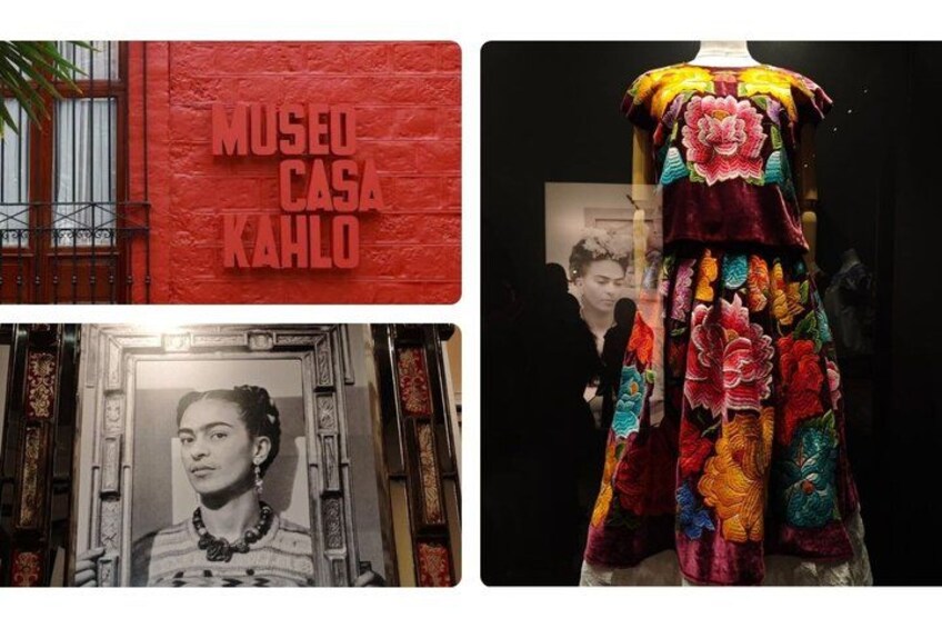 A red building with the text 'MUSEO CASA KAHLO' and a colorful embroidered dress on a mannequin. 1