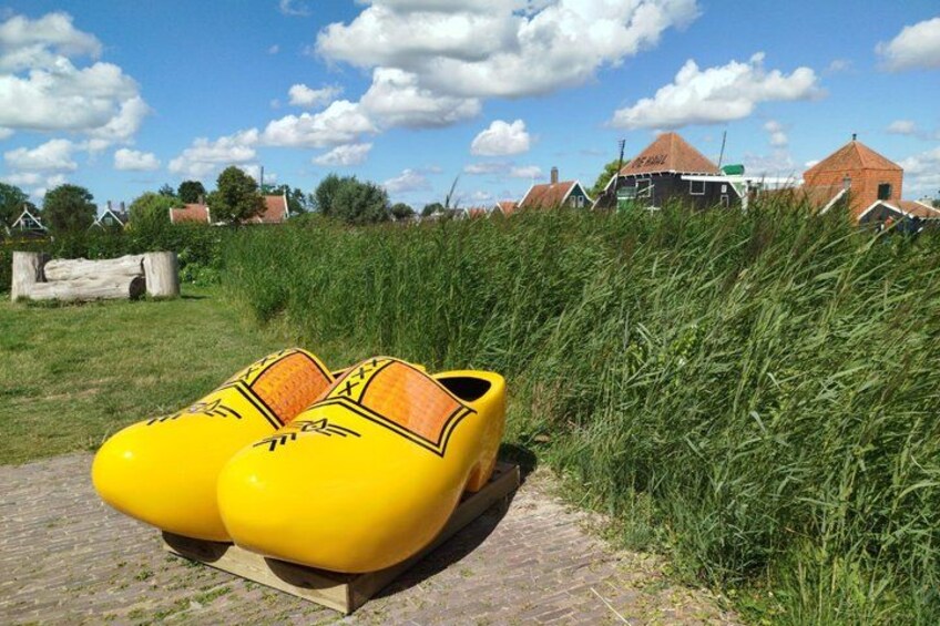 A pair of yellow shoes with orange soles, a wooden plank, and tall grass. 2