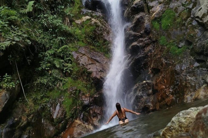 A waterfall in a forested area with a person standing in the water. 1