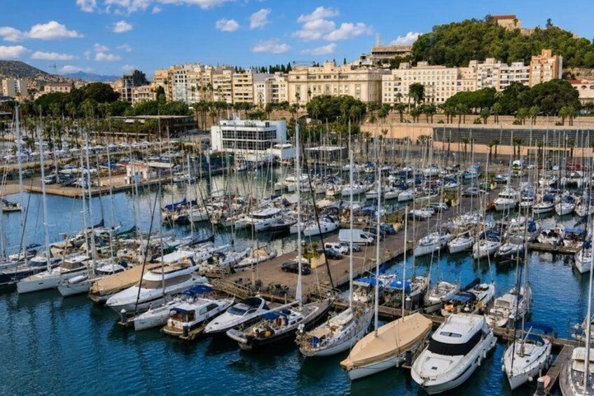 A marina filled with various boats docked in calm waters, surrounded by buildings and greenery. 5