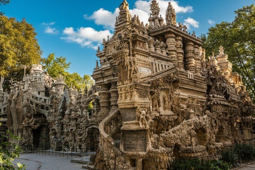 A detailed stone temple with intricate carvings and multiple spires. 4