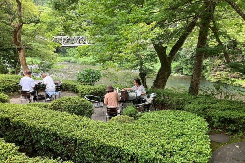 A serene park with people dining at tables, surrounded by lush greenery and a bridge in the background. 2