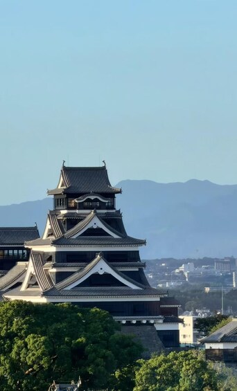 A traditional Japanese castle with multiple tiers and a prominent central tower, surrounded by lush greenery and a distant mountain range. 1
