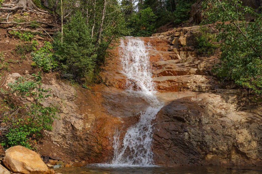 A waterfall cascading down a rocky cliff surrounded by greenery. 5