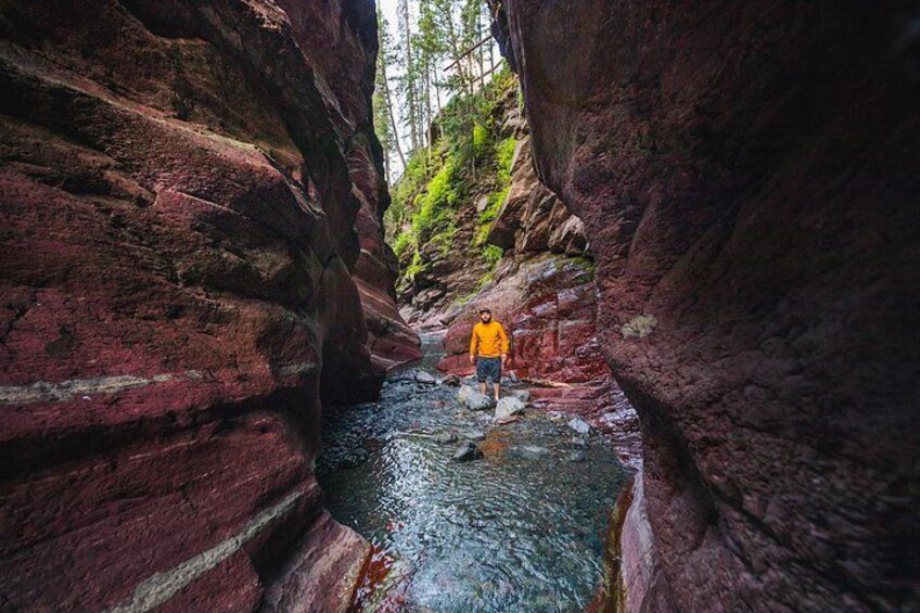 A canyon with red rock walls and a stream. 1