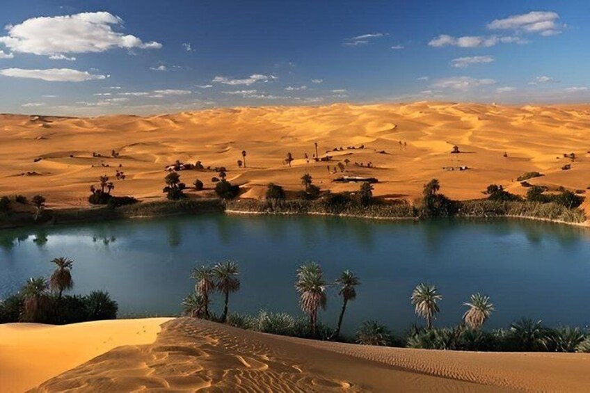 A desert landscape with sand dunes, a body of water, and palm trees. 1