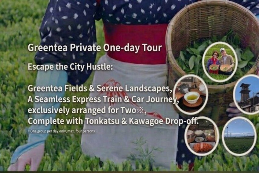 A person holding a basket with tea leaves, surrounded by text about a private tour. 1