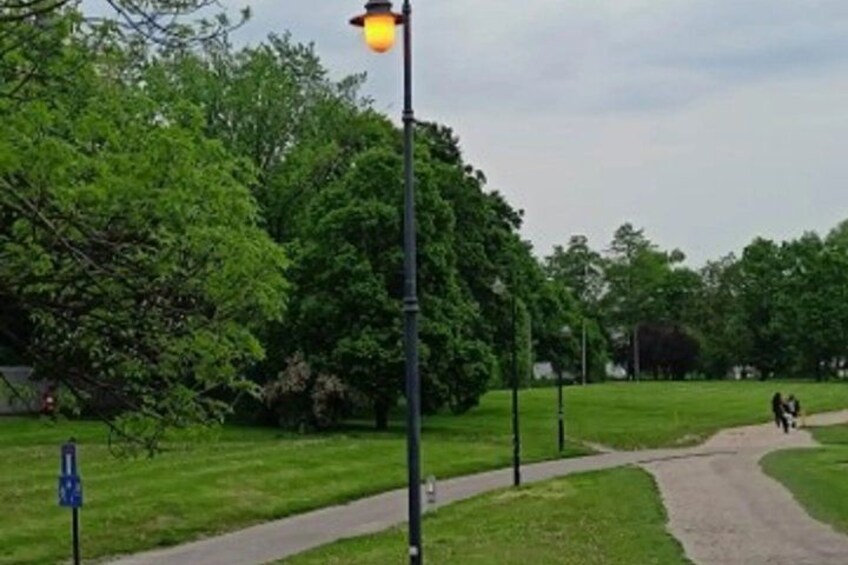 A park with a paved path, a street lamp, and green trees. 3
