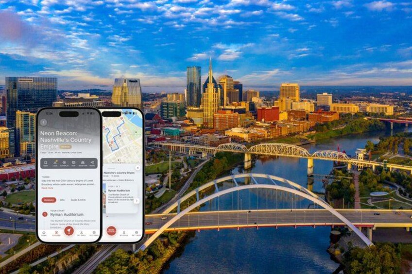 A smartphone displaying a map with the Neon Beacon: Nashville's Country Empire app, a cityscape with a river, bridges, and modern buildings. 1