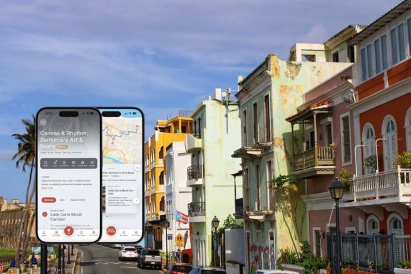 A street with colorful buildings, a smartphone displaying a map, and a street sign. 1
