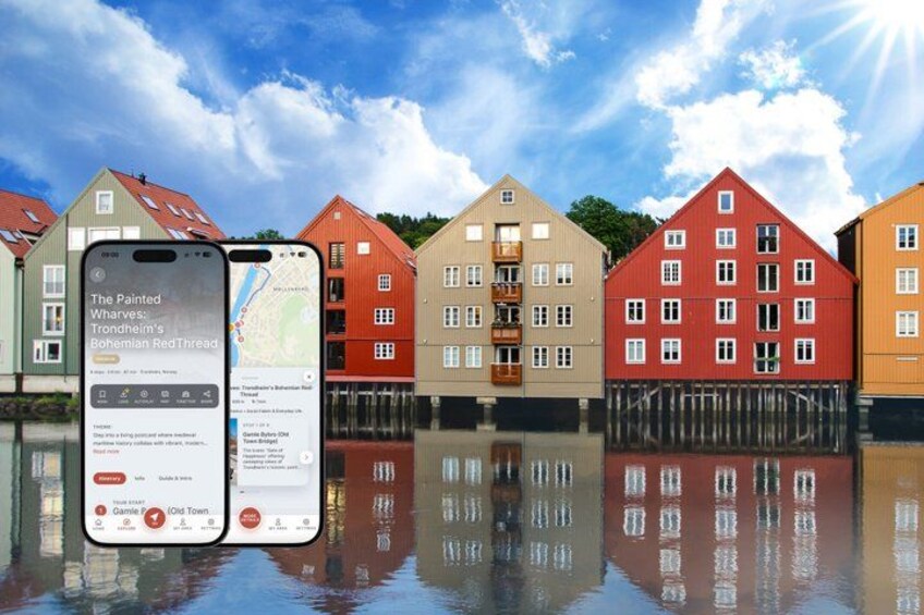 A smartphone displaying a map with a location marked 'The Painted Wharves: Trondhjem's Bohemian Red Thread.' 1