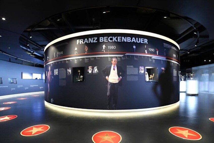 A circular exhibit with a man standing in front, titled 'FRANZ BECKENBAUER,' featuring a timeline from 1980 to 1990 with various images and text. 2