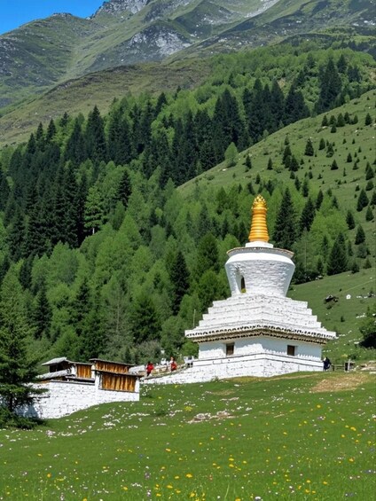 A white stupa with a golden spire, surrounded by a lush green landscape and a forested mountain backdrop. 1