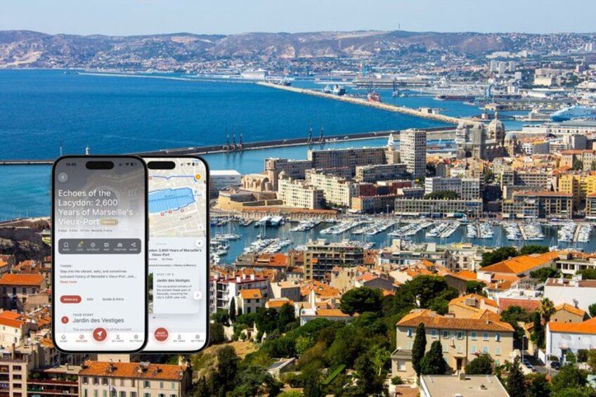 A smartphone displaying a map of a coastal city with a view of the harbor and buildings. 1