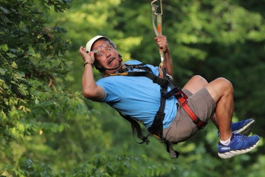 A person zip-lining through a forest. 5