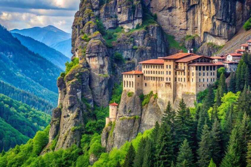 A castle perched on a cliff, surrounded by lush greenery and mountains. 4