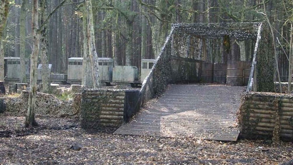 A wooden bridge in a forested area with leaf-covered ground. 1