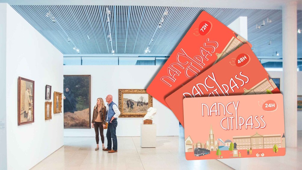 An art gallery with paintings on the walls and two people examining a painting. 1