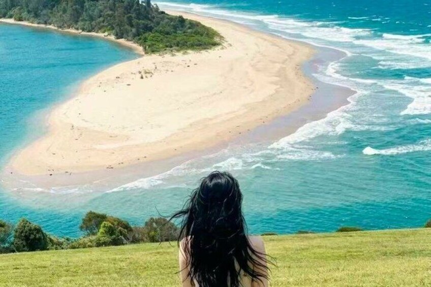 A beach with clear turquoise water, sandy shore, and a grassy hill in the foreground. 5