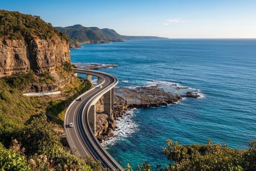 A coastal highway curving along a cliffside, overlooking the ocean. 1