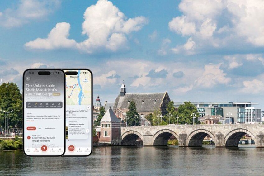A smartphone displaying a travel app with a map, a historic bridge, and a building in the background. 1